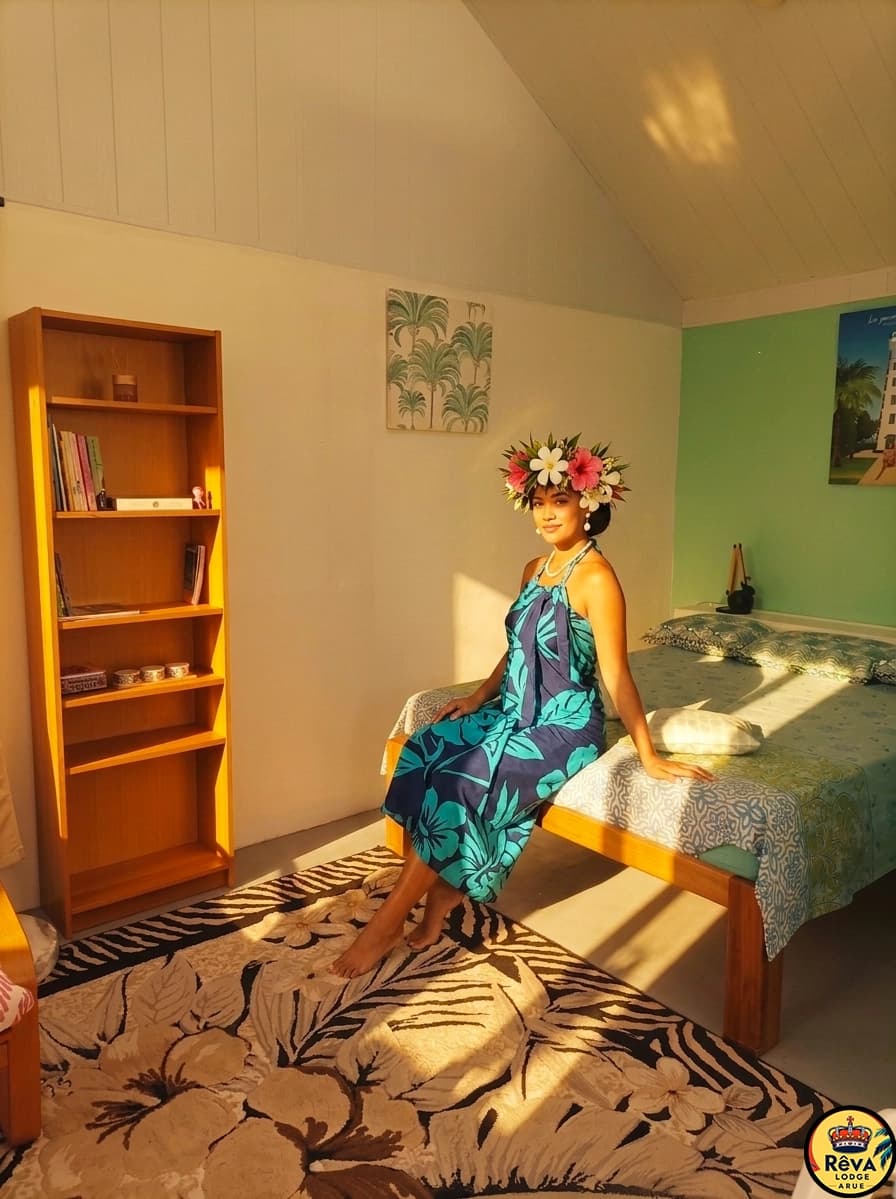 Chambre avec lit double, bibliothèque et tapis tropical